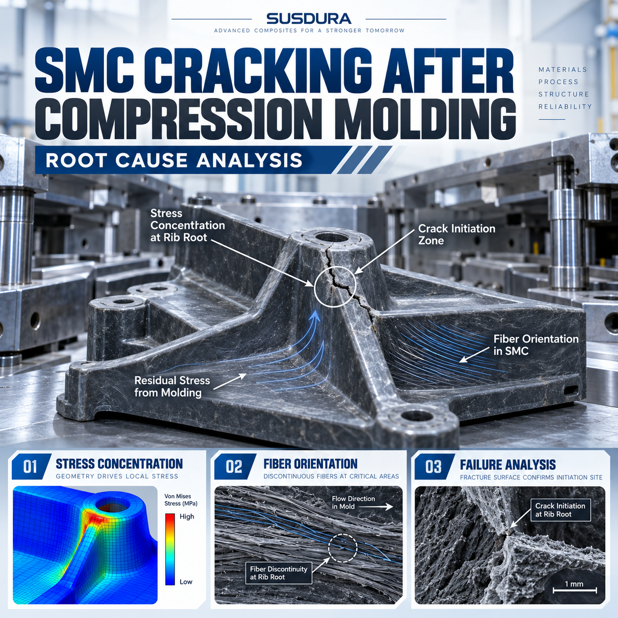 Why do SMC molded parts crack? Explore material failures, fiber orientation, residual stress, mold design and solutions with an engineering case study.